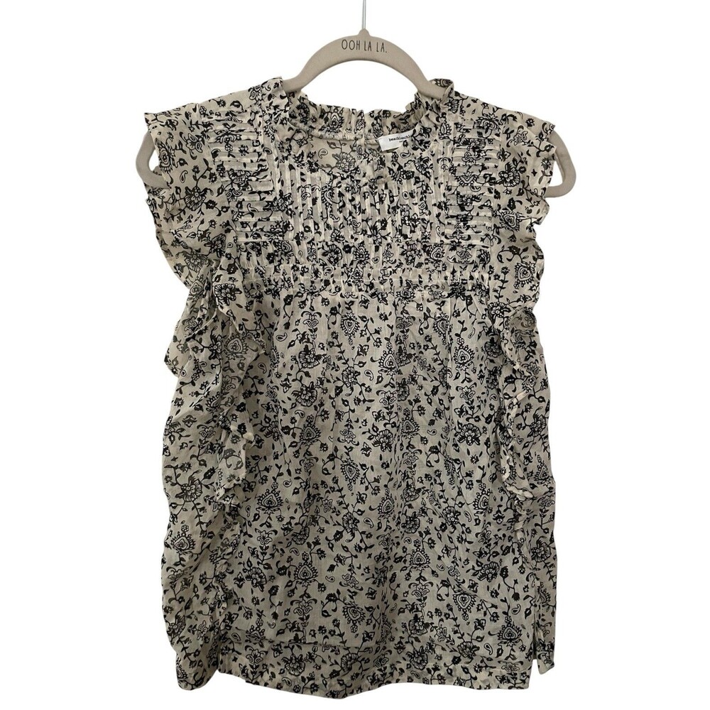 NWT Beach Lunch Lounge Women Maya Pintuck Top Blouse Floral Ruffles Black White